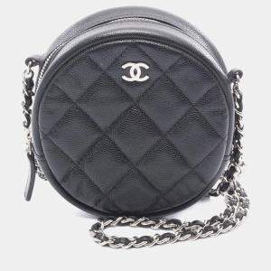 Pre Owned Chanel Black CC Quilted Caviar Round Clutch With Chain