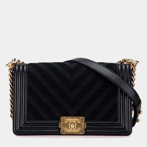 Pre Owned Chanel Black Old Medium Braided Chevron Cotton and Lambskin Boy Flap