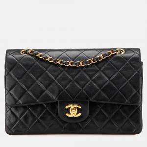 Pre Owned Chanel Black Medium Classic Lambskin Double Flap