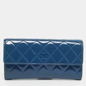 Pre Owned Chanel Blue Quilted Patent Leather CC Flap Long Wallet
