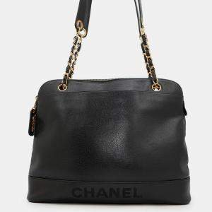 Pre Owned Chanel Logo Black Caviar Leather Chain Shoulder Bag