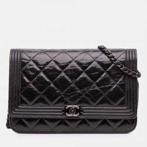 Pre Owned Chanel Black Quilted Shiny Aged Calfskin Boy Wallet On Chain