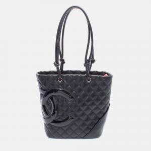 Pre Owned Chanel Cambon Line Small Coco CC Black Patent Leather Chain Tote Bag