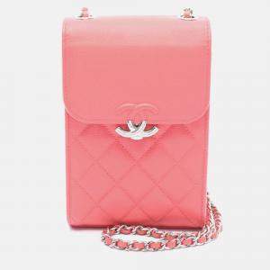 Pre Owned Chanel Half CC Logo Matelasse Red Calfskin Phone Case Chain Shoulder Bag