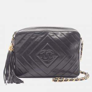 Pre Owned Chanel CC Logo Black Lambskin Quilting Chain Shoulder Bag GHW