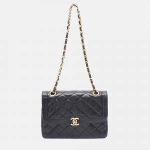 Pre Owned Chanel Matelasse Paris Limited Black Lambskin Double Flap Chain Shoulder Bag