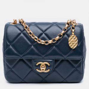Pre Owned Chanel Navy Blue Mini Square Quilted Lambskin Bijoux Logo Chain Flap