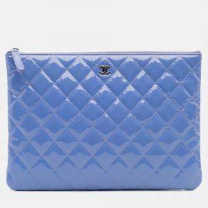 Pre Owned Chanel Blue Medium Quilted Patent O Case Clutch