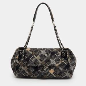 Pre Owned Chanel Black/Grey Tweed Patchwork CC Accordion Vintage Flap Bag