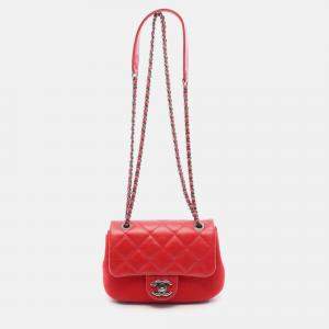 Pre Owned Chanel Red Paris Salzburg Mini Quilted Glazed Calfskin and Felt Edelweiss Flower Flap