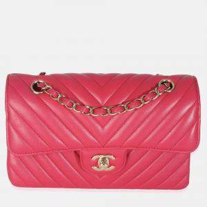 Pre Owned Chanel Dark Pink Chevron Lambskin Small Classic Double Flap Bag