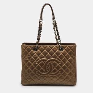 Pre Owned Chanel Metallic Bronze Quilted Caviar Leather Grand GST Shopping Tote