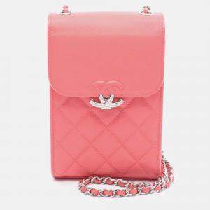 Pre Owned Chanel Pink CC Quilted Caviar Phone Holder with Chain