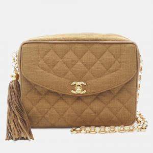Pre Owned Chanel CC Khaki Fabric Shoulder Bag 