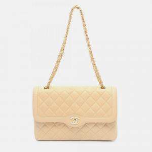 Pre Owned Chanel Matelasse Paris Limited Edition Double Flap Shoulder Bag Beige Lambskin