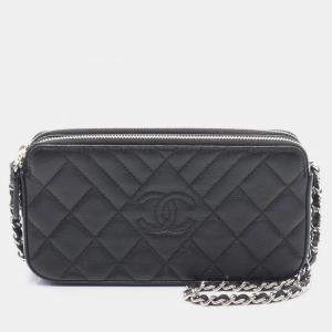 Pre Owned Chanel Black Calfskin Leather Double Zip Shoulder Bag