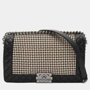 Pre Owned Chanel Boy Chanel Shoulder Bag Lambskin Leather Black And Beige