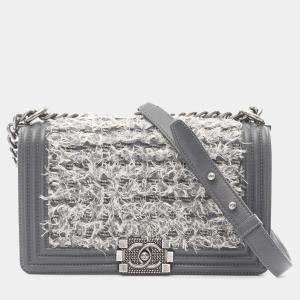 Pre Owned Chanel Grey Old Medium Braided Tweed and Calfskin Boy Flap