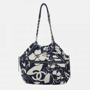 Pre Owned Chanel 2021 Coco Beach Blue/White Canvas Tote Bag