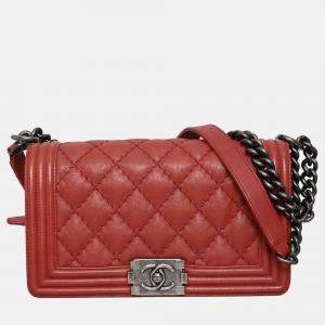 Pre Owned Chanel Boy Old Medium Wild Stitch Red Calfskin Leather Shoulder Bag
