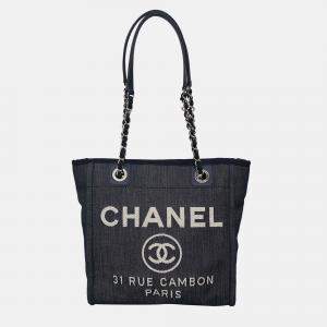 Pre Owned Chanel Mini Deauville Navy Blue Canvas Tote Bag