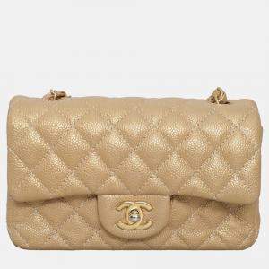 Pre Owned Chanel Rectangle Flap Mini Iridescent Gold Caviar Classic Bag