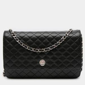 Pre Owned Chanel Black Microquilted Lambskin Wallet On Chain
