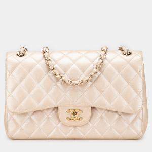 Pre Owned Chanel Gold Jumbo Classic Iridescent Caviar Double Flap