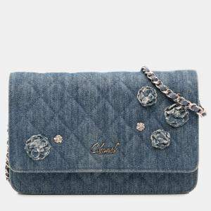 Pre Owned Chanel Blue Quilted Denim Camellia Wallet On Chain Denim