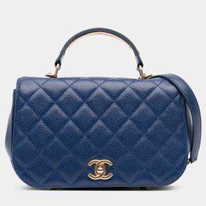 Pre Owned Chanel Navy Blue Small Quilted Caviar Carry Around Flap