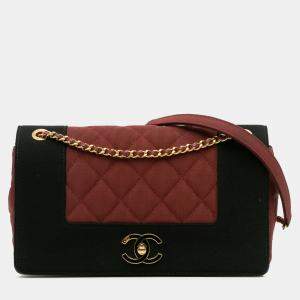 Pre Owned Chanel Black Red Small Bicolor Quilted Grosgrain Satin Small Mademoiselle Double Flap