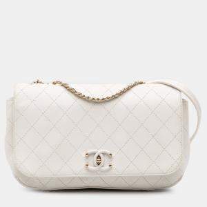 Pre Owned Chanel White Medium Stitched Calfskin Covered CC Flap