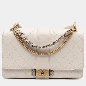 Pre Owned Chanel White CC Stitched Calfskin Chain Flap
