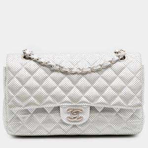 Pre Owned Chanel Silver Medium Classic Perforated Lambskin Double Flap