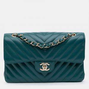 Pre Owned Chanel Classic Small Blue Tone Chevron Caviar Leather Double Flap Bag