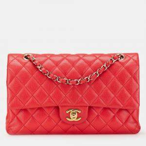 Pre Owned Chanel Classic Medium Red Caviar Leather Double Flap Bag