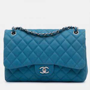 Pre Owned Chanel Classic Double Flap Jumbo Blue Caviar Shoulder Bag