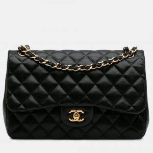 Pre Owned Chanel Classic Double Flap Jumbo Black Lambskin Shoulder Bag