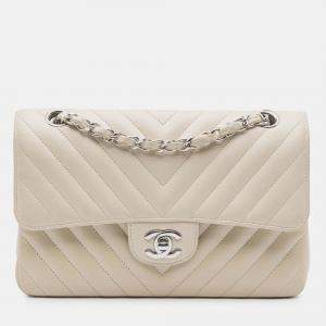 Pre Owned Chanel Classic Double Flap Small White Chevron Lambskin Shoulder Bag