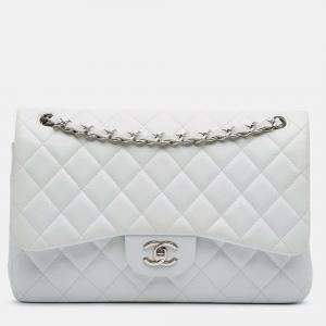 Pre Owned Chanel Classic Double Flap Jumbo White Caviar Shoulder Bag