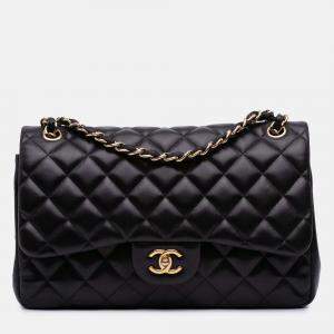 Pre Owned Chanel Classic Double Flap Jumbo Black Lambskin Shoulder Bag