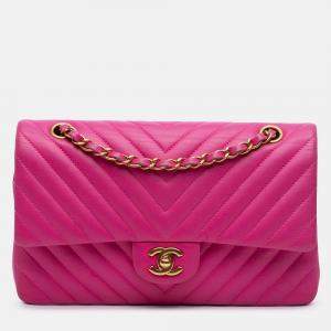 Pre Owned Chanel Classic Double Flap Medium Pink Chevron Lambskin Shoulder Bag