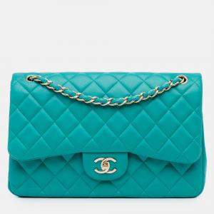 Pre Owned Chanel Classic Double Flap Jumbo Blue Lambskin Shoulder Bag