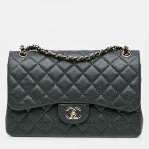 Pre Owned Chanel Classic Double Flap Jumbo Gray Caviar Shoulder Bag