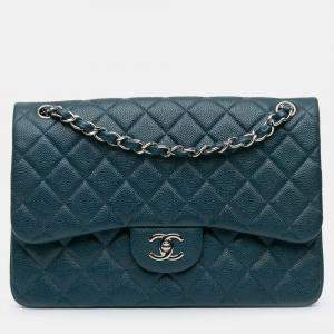 Pre Owned Chanel Classic Double Flap Jumbo Blue Caviar Shoulder Bag