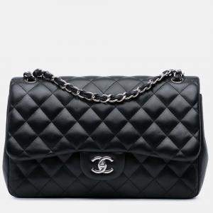 Pre Owned Chanel Classic Double Flap Jumbo Black Lambskin Shoulder Bag