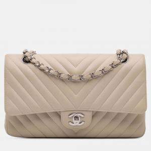 Pre Owned Chanel Classic Double Flap Medium Chevron Lambskin Shoulder Bag