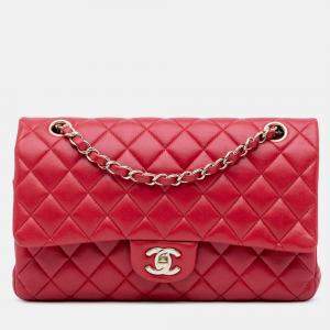 Pre Owned Chanel Classic Double Flap Medium Red Lambskin Shoulder Bag
