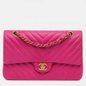 Pre Owned Chanel Classic Double Flap Medium Pink Chevron Lambskin Shoulder Bag