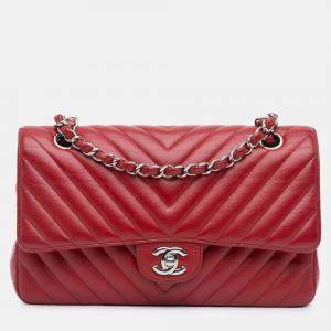 Pre Owned Chanel Classic Double Flap Medium Red Chevron Caviar Shoulder Bag